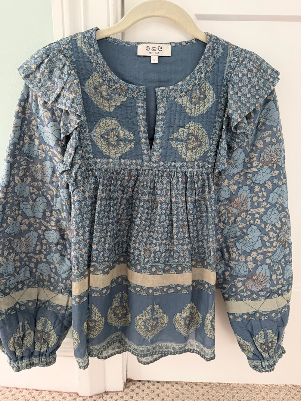 Sea New York | Blue Floral Ruffle Peasant Blouse | Small